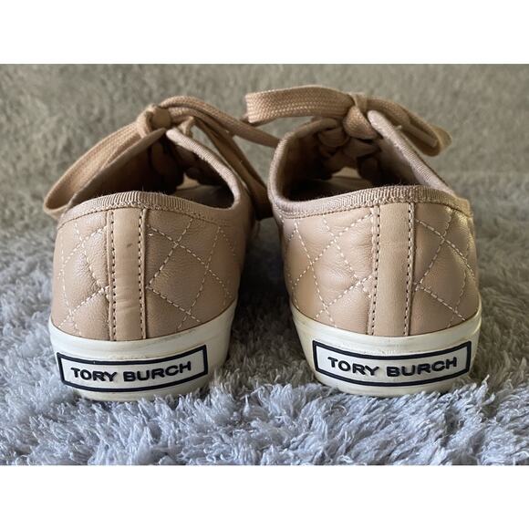 TORY BURCH “Marion” Quilted Leather Logo Ribbon Laced Sneaker Sachet Pink Sz 7.5 - Picture 1 of 11